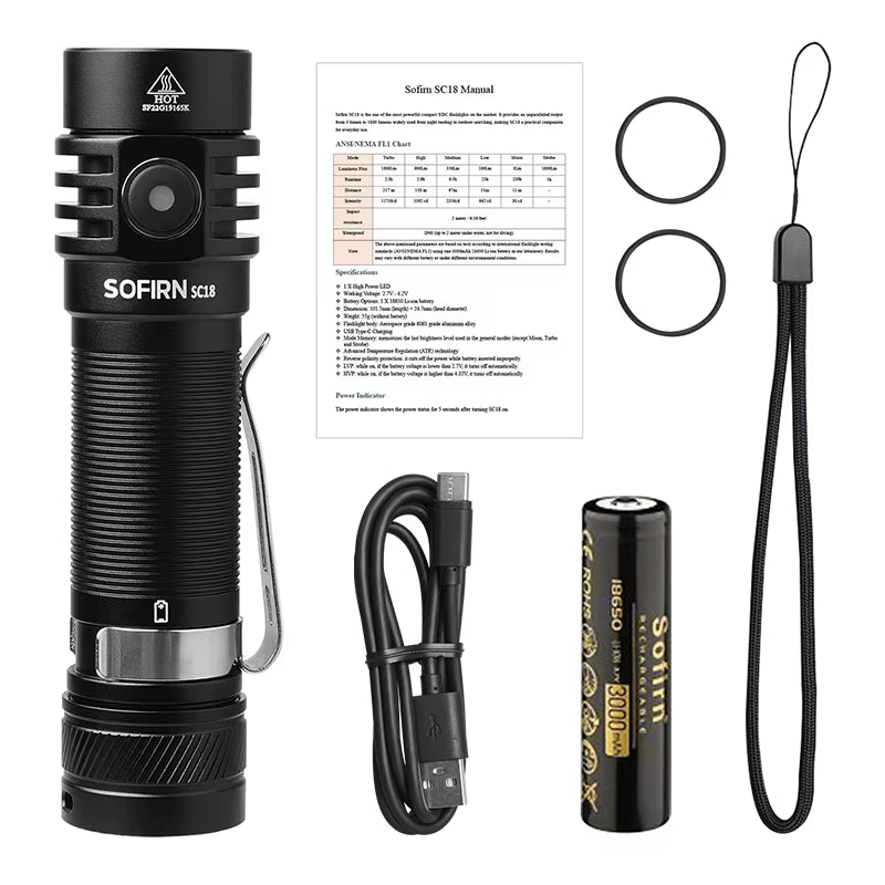 SC18 1800Lm EDC Flashlight USB C Rechargeable SST40 LED 18650 Torch TIR Optics Lens Lantern with Power Indicator