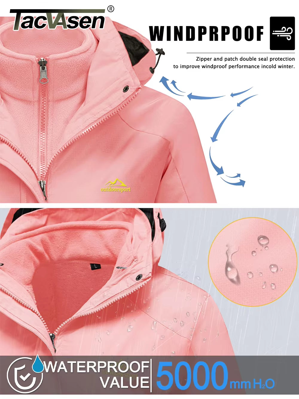 3 in 1 Winter Fleece Jacket Womens Waterproof Ski Snowboard Jackets Work Rain Coat Outdoor Windbreaker Female Parka