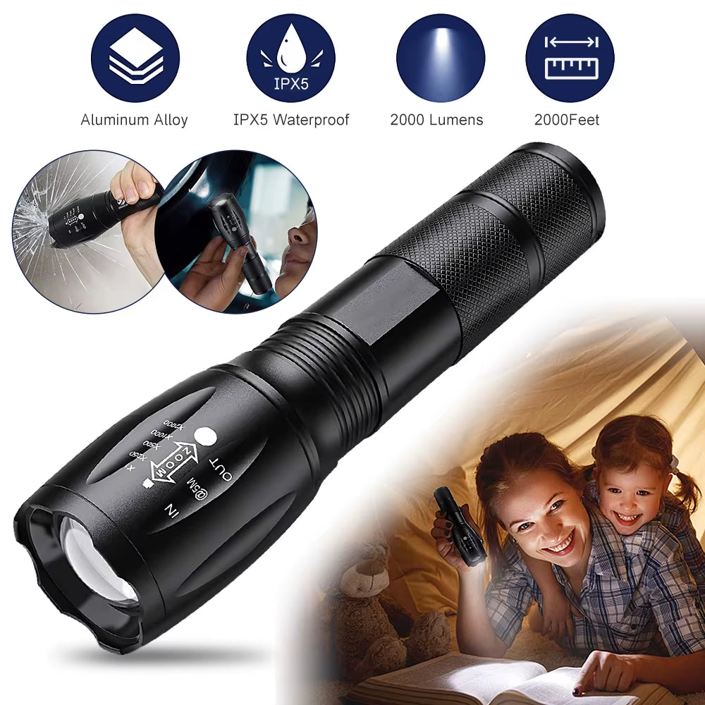 Powerful LED Flashlight Working Night Portable 5Th Gear Zoom IPX65 Werproof Torch for Outdoor Camping Tactical Flash Light
