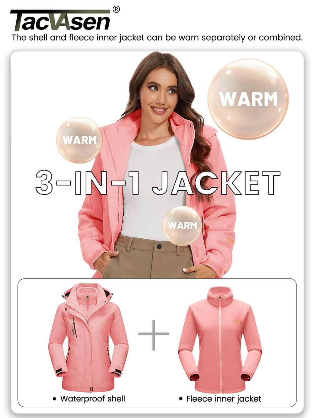 3 in 1 Winter Fleece Jacket Womens Waterproof Ski Snowboard Jackets Work Rain Coat Outdoor Windbreaker Female Parka