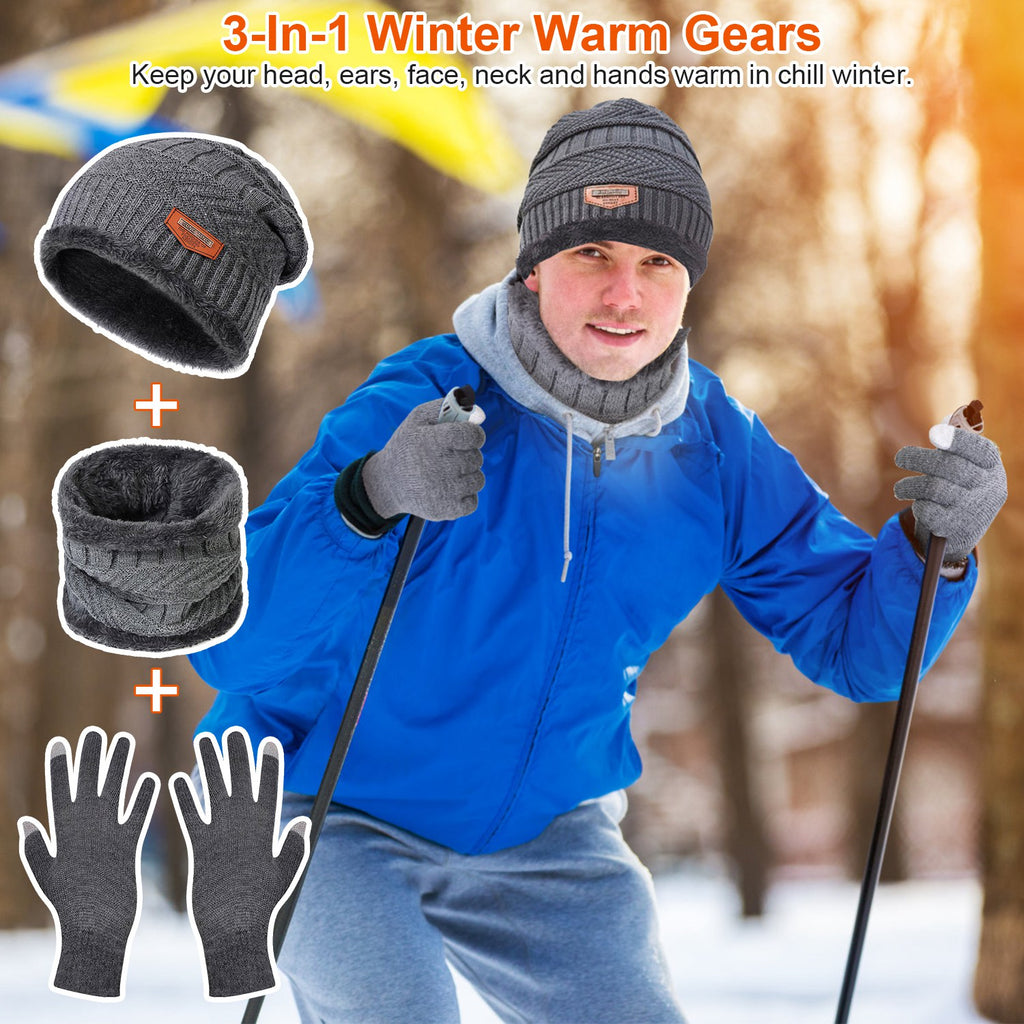 3Pcs Winter Knitted Hat Scarf Gloves Winter Warm Beanie and Touch Screen Gloves Scarf Set Knit Beanie Skull Cap Neck Warmer Mittens for Men Women