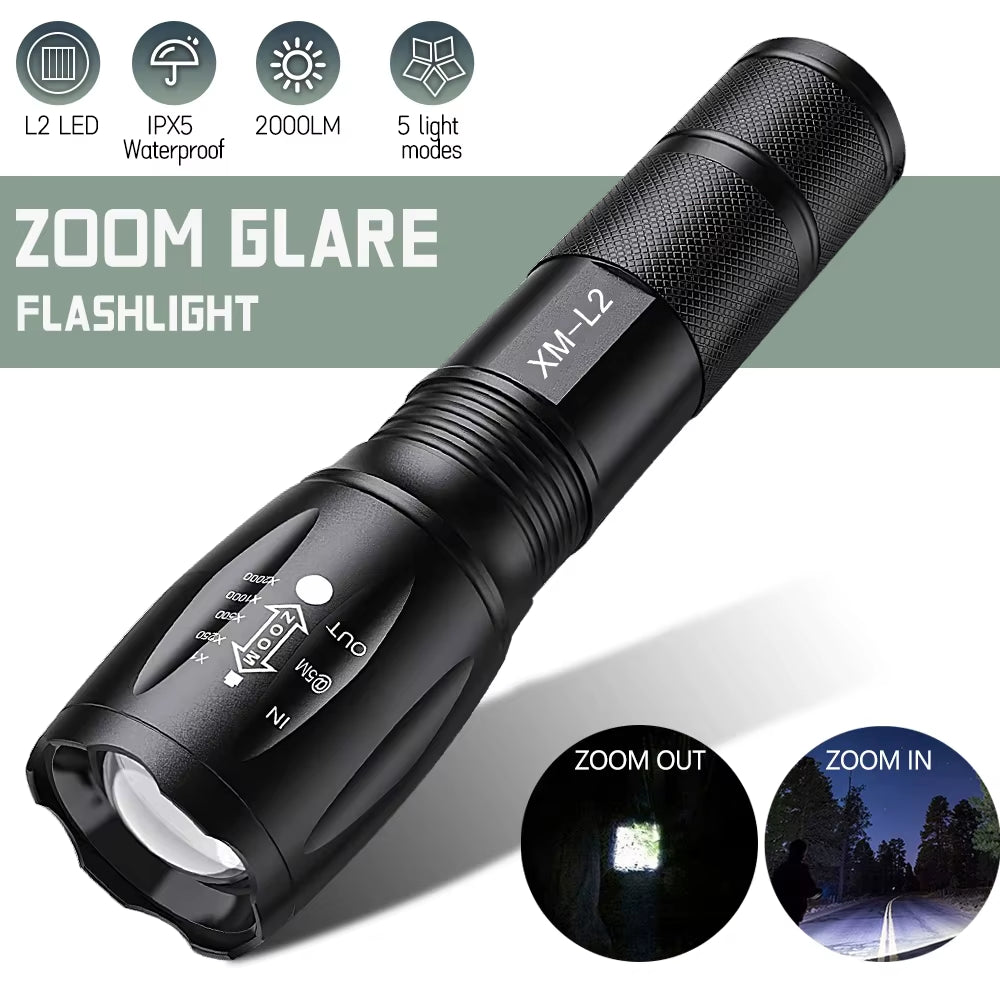 Powerful LED Flashlight Working Night Portable 5Th Gear Zoom IPX65 Werproof Torch for Outdoor Camping Tactical Flash Light