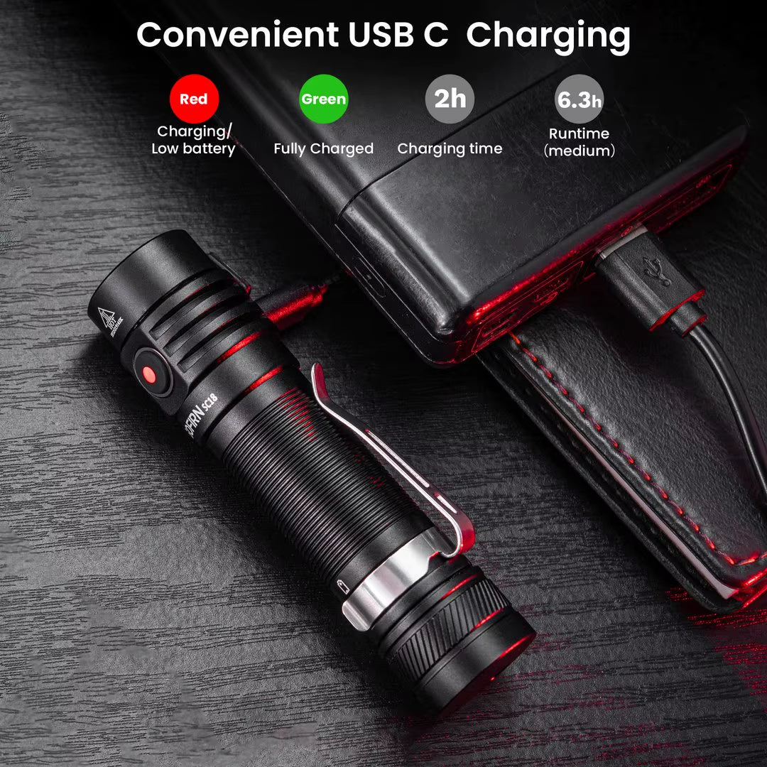 SC18 1800Lm EDC Flashlight USB C Rechargeable SST40 LED 18650 Torch TIR Optics Lens Lantern with Power Indicator