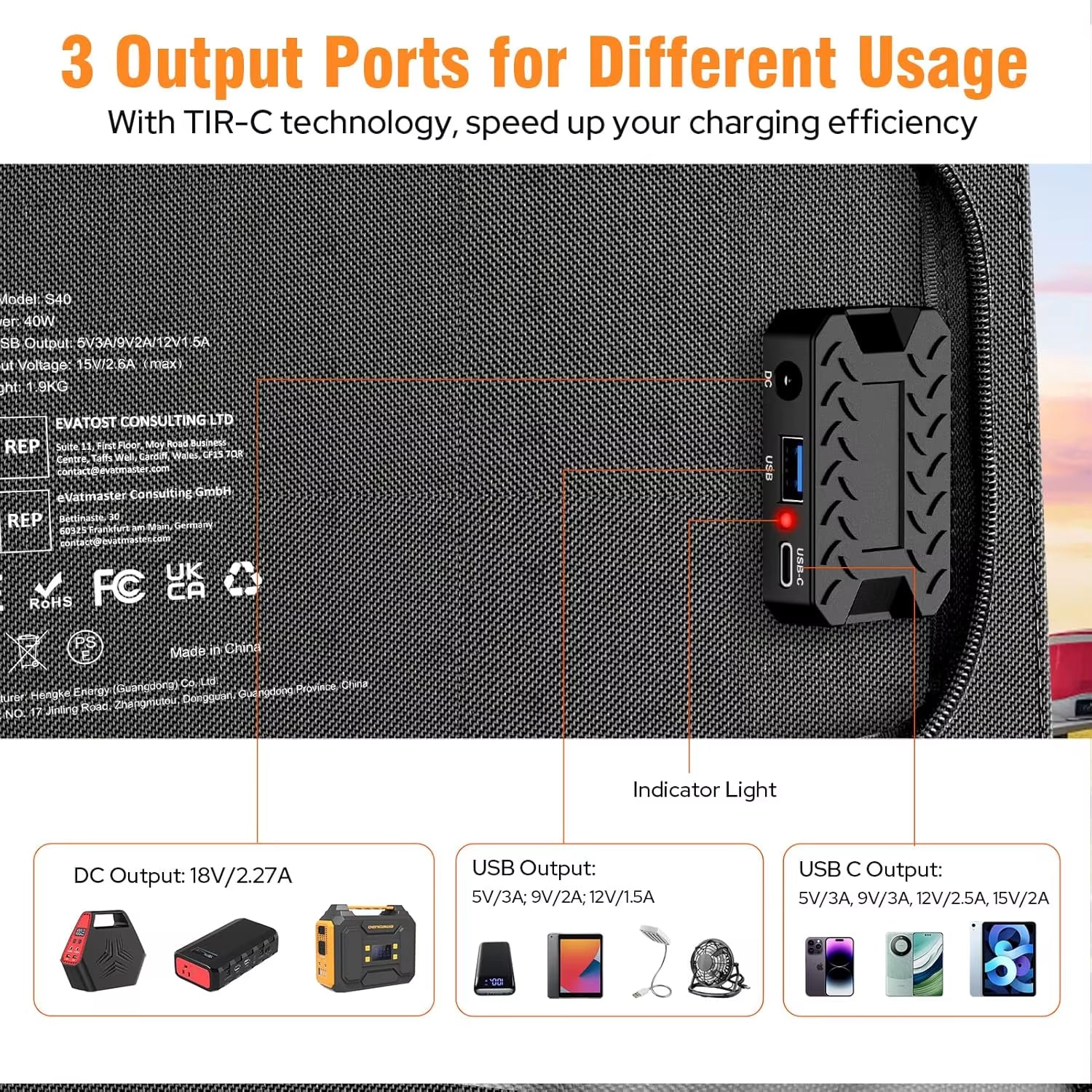 40W Portable Solar Panel Charger with DC USB C Port for Camping Road Trip Hiking Portable Power Station Power Bank Phone Tablet