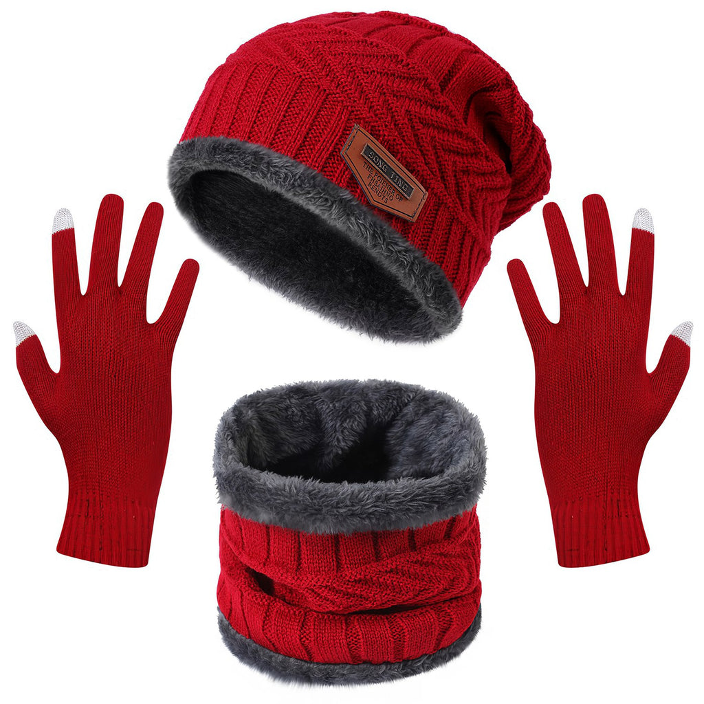 3Pcs Winter Knitted Hat Scarf Gloves Winter Warm Beanie and Touch Screen Gloves Scarf Set Knit Beanie Skull Cap Neck Warmer Mittens for Men Women