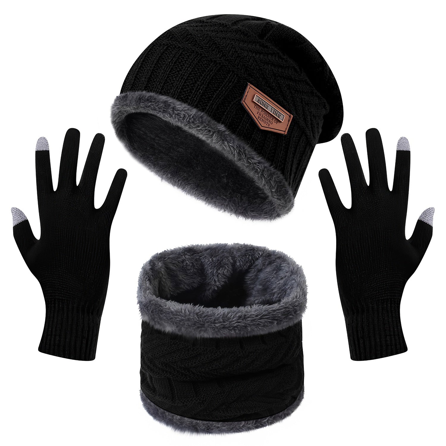 3Pcs Winter Knitted Hat Scarf Gloves Winter Warm Beanie and Touch Screen Gloves Scarf Set Knit Beanie Skull Cap Neck Warmer Mittens for Men Women