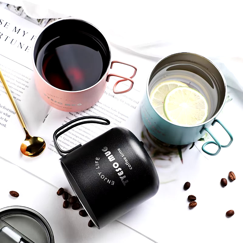 Nordic Style Metal Coffee Cup with Lid Office Workers Portable Coffe Milk Breakfast TYESO Mug Tazze Colazione Caneca Criativa
