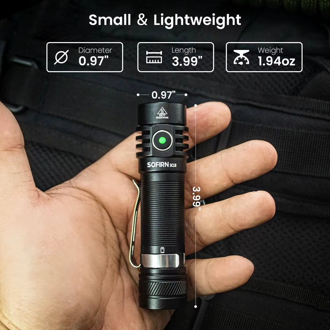 SC18 1800Lm EDC Flashlight USB C Rechargeable SST40 LED 18650 Torch TIR Optics Lens Lantern with Power Indicator